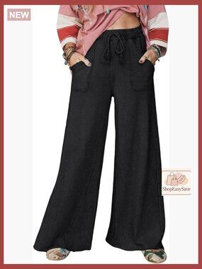 Wide Leg Palazzo Sweatpants Drawstring Baggy Trousers Pockets Casual Boho Y2K